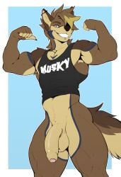 anthro balls bardic_(bardicrj) big_penis biped brown_body brown_fur canid canine canis countershade_face countershade_fur countershade_torso countershading coyote eyebrows flexing flexing_bicep flexing_both_biceps foreskin fur genitals hi_res humanoid_genitalia humanoid_penis lukiro male mammal muscular muscular_anthro muscular_male penis solo