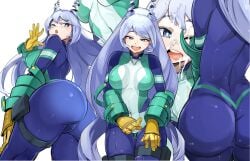 1girls ass ass_focus blue_bodysuit blue_eyes blue_hair bodysuit boku_no_hero_academia breasts commentary_request covered_navel cum cum_on_body facial female gizajuu_(oppagedon) gloves green_bodysuit hadou_nejire hero_outfit_(mha) highres large_breasts light_blue_hair long_hair multicolored_bodysuit multicolored_clothes multiple_views my_hero_academia nejire_hado open_mouth skin_tight sweat tight_clothing very_long_hair white_background yellow_gloves