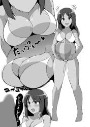 1boy absurdres alice_gear_aegis ball beachball bikini blank_censor breast_rest breasts carried_breast_rest carrying censored commentary_request dark-skinned_female dark_skin erection female highres holding holding_ball holding_beachball kaneshiya_sitara kuramari_(godbaan) large_breasts open_mouth penis penis_awe smile sweat swimsuit translation_request