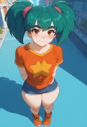 ai_generated aqua_hair arms_behind_back artcalypse blush brown_eyes creatures_(company) duplica_(pokemon) female_focus game_freak nintendo pokemon small_breasts twintails