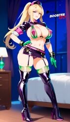 ai_generated belt bikini black black_skin blonde_hair blue_hair boosterred99 cosplay costume fate/grand_order fate_(series) florence_nightingale_(fate) florence_nightingale_(trick_or_treatment)_(fate) full_body garter_belt green_gloves halloween hat large_breasts large_legs latex legs long_hair makeup o-ring pony_diffusion_xl ponytail samus_aran samus_aran_(cosplay) seductive_look seductive_smile shrug skirt standing thigh_boots thighhigh_boots