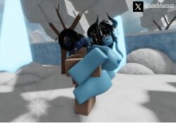 1boy 1girls 3d ahe_gao big_breasts black_hair blackhornzz blue_skin carrying grabbing_from_behind horns ice interspecies nipples roblox robloxian suspended_in_midair tagme twitter_username vaginal_penetration winter