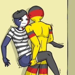 against_wall anltpi bad_anatomy countryhumans countryhumans_girl france_(countryhumans) germany_(countryhumans) hetero hetero_sex male/female straight straight_sex thighhighs