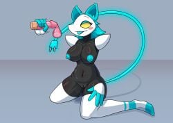 1boy 1girls 2025 alternate_version_available armless big_breasts black_body blue_eyeshadow blue_hair blue_nipples blush breasts bruhmynameisdylan cat_ears condom cum cum_in_condom deltarune female female_focus handjob navel nipples penis plug plug_tail pussy pussy_juice stockings tasque_manager_(deltarune) thick_thighs tongue tongue_out undertale_(series) yellow_eyes