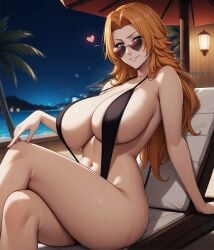 ai_generated bleach crossed_legs female_pervert legs long_hair looking_over_eyewear looking_over_sunglasses matsumoto_rangiku orange_hair pervert sex_invitation sexually_suggestive sunglasses tinted_eyewear