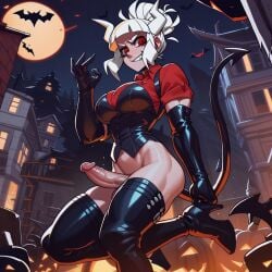 ai_generated demon demon_girl elbow_gloves futanari halloween high_heel_boots jack-o'-lantern latex lucifer_(helltaker) muscular penis tail thighhighs