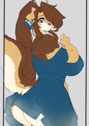 anthro ass big_breasts breasts brown_fur clothing dress female inu-sama kela_(the_dogsmith) skirt tail the_dogsmith translucent_clothing