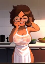 1girls ai_generated apron apron_only areolae big_breasts breasts brown_hair camila_noceda closed_eyes dark-skinned_female dark_skin disney disney_channel disney_xd female female_only glasses kitchen latina losforry_custom mature mature_female mature_woman milf nipples solo solo_female the_owl_house