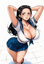 ai_generated alluring almost_naked almost_nude big_breasts blue_eyes blush breasts female female_only glasses glasses_on_head long_hair looking_at_viewer massive_breasts nico_robin one_piece school_girl school_uniform schoolgirl schoolgirl_uniform seducing seduction seductive seductive_body seductive_eyes seductive_gaze seductive_look seductive_mouth seductive_pose shiny_hair shiny_skin skirt sunglasses sunglasses_on_head sweat sweatdrop sweating sweaty sweaty_body uniform voluptuous voluptuous_female yashin