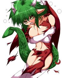 blush breasts covering_breasts draco_centauros dragon_girl dragon_horns dragon_tail green_hair horns madou_monogatari puyo_puyo sega tagme torn_clothes