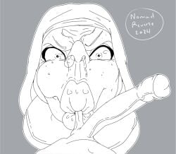 :>= both_balls_in_mouth female gilf granny hag line_art male nomad_reverse nun old older_female original original_character penis sketch snot snot_bubble sucking sucking_balls sucking_testicles