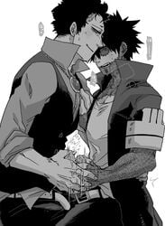 2boys atsuhiro_sako belt black_hair blush bolo_tie burn_scar clothing dabi dual_handjob frottage gay genitals greyscale handjob jacket male male/male male_only monochrome mr._compress my_hero_academia penis rolled_up_sleeves sako_atsuhiro scar scars stroking stroking_penis todoroki_touya touya_todoroki unbuckled_belt unoirhero white_background yaoi