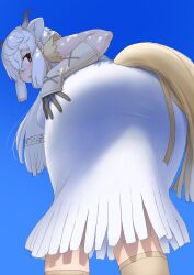 1girls animal_ears ass ass_focus bangs bent_over big_ass blue_background breasts brown_eyes clothing dress elbow_gloves feathered_wings feathers female from_behind gloves hair_over_one_eye high_resolution horns kemono_friends leaning_forward legwear long_hair looking_at_viewer looking_back masuyama_ryou multi_ear multicolored_hair short_sleeves sidelocks simple_background skirt solo tail thighhighs very_high_resolution very_long_hair white_dress white_gloves white_hair wings yak_(kemono_friends) yellow_eyes