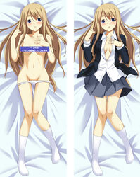 blue_eyes blush breasts censored dakimakura eyebrows female footwear highres human human_only k-on! koikeya long_hair mound_of_venus navel no_bra open_clothes open_mouth open_shirt panties panty_pull school_uniform shirt sideboob socks solo tsumugi_kotobuki_(k-on!) underwear white_legwear