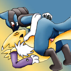 ambiguous_gender anthro crossover digimon interspecies lucario male mewtwox nude pokemon pokemon_(species) renamon sex side_view tagme