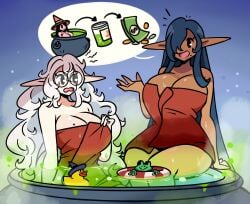 2girls amphibian big_breasts breasts cleavage clothed clothing female female_only frog glasses hair halloween hat holidays murgoten tagme