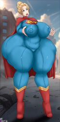 1girls big_breasts big_nipples blonde_hair blue_eyes bodysuit cape clothing curvy curvy_figure dc dc_comics female female_only gigantic_ass kara_zor-el large_breasts large_butt looking_at_viewer nipples_visible_through_clothing solo solo_focus supergirl superheroine superman_(series) thick_lips thick_thighs thighhighs ultiblackfire ultragirl voluptuous wide_hips