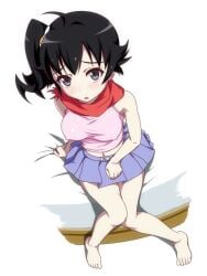 ahoge araragi_karen ascot bare_arms bare_legs bare_shoulders bare_thighs barefoot bed bed_sheet belly_button big_breasts black_eyes black_hair blush breasts embarrassed feet hair_ornament knees_together_feet_apart monogatari_(series) nipples_visible_through_clothing ookanehira open_mouth ponytail side_ponytail sitting skirt sleeveless_shirt thighs toes