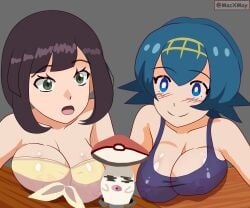 1boy 2girls big_breasts bikini blue_eyes blue_hair breasts foongus glory_hole huge_breasts lana_(pokemon) large_breasts macabromac mushroom mushroom_penis nipples nipples_visible_through_clothing no_sclera penis pokemon pokemon_sm selene_(pokemon) short_hair surprised swimsuit translucent_clothing twitter_username watermark