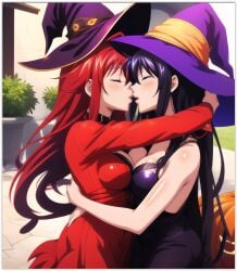 2females 2girls 2women ai_generated akeno_himejima girl_on_girl halloween_costume high_school_dxd lesbian_couple lesbian_kiss lesbian_sex rias_gremory witch_hat yuri yuri yuri