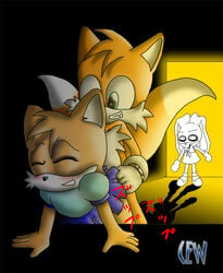 1boy 2girls anthro background_character closed_eyes color craig_williams craig_williams_(artist) cream_the_rabbit duo_focus female fox fur furry implied_penetration male multiple_females rabbit sega sonic_(series) straight tails teeth text toony video_games