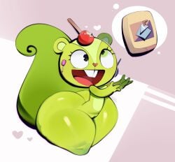 anthro apple ass bad_anatomy big_butt buckteeth candy candy_apple cement derp_eyes dessert female food food_on_head fruit fur genitals green_body green_fur happy_tree_friends heart_nose heart_symbol heterochromia hi_res lazy_eye mammal mtf_crossgender mu_(artist) nutty_(htf) plant pussy rodent rule_63 sciurid solo teeth thick_thighs tree_squirrel wide_hips