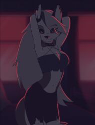 animated anthro armpits big_breasts canine curvy dance dancing dark_hair female_only fur furry goth hands_behind_head hellhound helluva_boss highres looking_at_viewer loona_(helluva_boss) me!me!me! navel solo wolf wolf_ears wolf_girl wolf_tail zero_two_dance