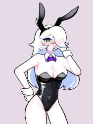 artist_signature big_breasts blush blushing_profusely bowtie bunny_ears bunnysuit dira_(friday_night_funkin) friday_night_funkin green_eyes hair_over_one_eye hand_on_hip light-skinned_female long_hair purple_eyeliner shy simple_background solid_color_background tagme thighs white_hair