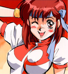 1girls blush breasts brown_eyes brown_hair erect_nipples erection_under_clothes female gainax gunbuster headband human large_breasts light-skinned_female light_skin noriko_takaya pilot_suit shirt short_hair smile solo takeda_yuuichi wink