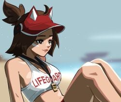 beach blizzard_entertainment brown_hair kiriko_(overwatch) kiriko_kamori lifeguard lifeguard_kiriko lifeguard_swimsuit overwatch overwatch_2 red_hat selvish94 sunscreen yellow_sclera