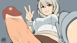 1futa animal_ears erection futanari grin looking_at_viewer low-angle_view mio_(xenoblade) nintendo penis selfie smile solo v white_hair xenoblade_(series) xenoblade_chronicles_3 zestysauce