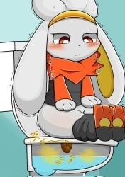 anthro ass bathroom blush blush_lines bodily_fluids bottomwear bottomwear_down clothed clothing constipation fart fart_cloud fart_fetish feces feces_in_toilet feet fur gassy generation_8_pokemon grey_body grey_fur hands_on_hips headgear headwear hi_res lagomorph leporid looking_down mammal nintendo on_toilet pants pants_down partially_clothed pokemon pokemon_(species) poop_desperation poop_in_ass poop_in_bowl pooping_into_water potty_time public public_restroom queen_kemono rabbit raboot red_eyes restroom_stall sat_on scat shitting short_stack sitting sitting_on_toilet solo straining sweat sweatdrop toilet toilet_bowl toilet_lid toilet_seat toilet_use wide_hips