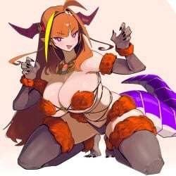 big_breasts black_fingernails blush breasts cleavage dismassd dragon_girl dragon_tail female fur_bikini holoforce hololive hololive_japan horns kiryu_coco large_breasts long_hair looking_at_viewer mash_kyrielight_(dangerous_beast)_(cosplay) necklace o-ring orange_hair simple_background skindentation tail thick_thighs thighhighs thighs virtual_youtuber