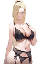 ai_generated ass_visible_through_thighs bare_arms bare_belly bare_legs bare_shoulders bare_thighs belly_button big_breasts black_bra black_panties blonde_hair blue_eyes bra breasts cleavage collarbone garter_belt garter_straps hair_over_one_eye ino_yamanaka lace-trimmed_bra lingerie long_hair naruto panties parted_lips ponytail setsuaiart shiny_skin smile thighs underwear