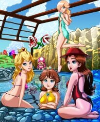 bikini female_only mario_(series) multiple_girls pauline_(mario) piranha_plant princess_daisy princess_peach princess_rosalina psyviant-studios spa super_mario_bros. super_mario_galaxy super_mario_odyssey swimsuit toadette towel water