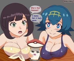 1boy 2girls big_breasts bikini black_hair blue_eyes blue_hair blue_swimsuit breasts dark_hair dialogue foongus glory_hole grabbing_penis happy huge_breasts imminent_sex lana_(pokemon) large_breasts macabromac mushroom mushroom_penis nails nintendo nipples nipples_visible_through_clothing no_sclera penis pokeball pokemon pokemon_sm selene_(pokemon) short_hair smile swimsuit swimwear tight_clothing translucent_clothing trial_captain twitter_username watermark