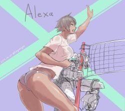 alexa_(xenoblade_x) ass bikini mecha nintendo shirt sweat sweatdrop sweating sweaty uya_(yurukah) volleyball_net wet wet_clothes wet_clothing xenoblade_(series) xenoblade_chronicles_x