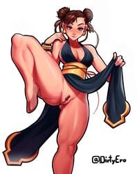 1girls absurd_res alternate_costume blush bracelet breasts brown_eyes brown_hair capcom chun-li cleavage clothing dirtyero_(artist) dress earrings erect_nipples eyeshadow female female_only flashing hair_bun heels highres lipstick looking_at_viewer muscular_female muscular_thighs no_panties plain_background presenting_pussy pubic_hair pussy pussy_juice seductive seductive_look seductive_smile smile spread_legs standing_on_one_leg street_fighter thick_thighs video_games wet_pussy white_background