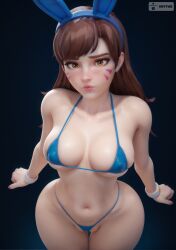 3d blush breast_squish breasts d.va micro_bikini overwatch tagme vbytwo