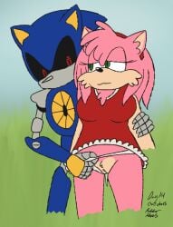 amy_rose anthro bodily_fluids clothing clothing_aside duo eulipotyphlan female genital_fluids hedgehog hi_res machine male male/female mammal metal_sonic outside panties panties_aside robot rubberh0es_(artist) sega sonic_(series) sonic_the_hedgehog_(series) underwear underwear_aside vaginal_fluids