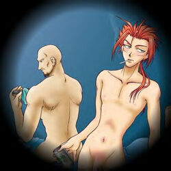 2boys bald final_fantasy final_fantasy_vii gay male male_only nude red_hair reno rude_(final_fantasy_vii) smooth_skin tagme yaoi