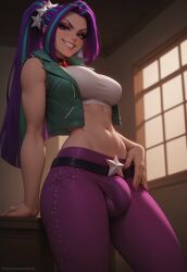 1futa 1futanari ai_generated aria_blaze belly bellybutton belt big_ass big_breasts breasts bulge bulge_through_clothing collar dick dickgirl equestria_girls futa_only futanari green_jacket grin hair hair_ornament indoors jacket looking_at_viewer multicolored_hair my_little_pony nail_polish naked navel nude nude_futanari pants purple_eyes purple_hair purple_pants seductive seductive_look seductive_smile sleeveless sleeveless_jacket smile smiling smiling_at_viewer solo tank_top teeth twintails velonix white_tank_top