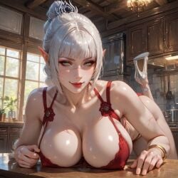 1girls ai_generated baldur's_gate_3 bent_over big_breasts bra braided_hair elf_female green_eyes high_heels kitchen lingerie looking_at_viewer nipple_bulge one_leg_up pointy_ears scar shadowheart solo_female white_hair window