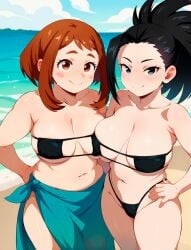 2girls ai_generated beach big_breasts bikini black_hair boku_no_hero_academia breasts brown_hair female female_only hand_on_hip hi_res losforry_custom momo_yaoyorozu my_hero_academia navel ochako_uraraka outdoors outside seaside swimwear thick_thighs uraraka_ochako wide_hips yaoyorozu_momo