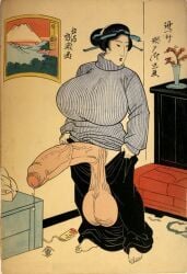 1futa 1futanari ai_generated asian asian_futa balls ballsack barefoot black_hair bravocadorp breasts cock dangling_testicles erection feet foreskin foreskin_folds full_body_view futa_only futanari gigantic_balls gigantic_cock gigantic_penis gigantic_testicles hair_bun huge_balls huge_breasts huge_cock huge_testicles human indoors inside intact japanese keisai_eisen_(style) living_room long_sleeves low_hanging_balls partially_retracted_foreskin penis precum precum_drip ribbed_sweater scrotal_raphe scrotum skirt_down skirt_pull solo standing style_emulation style_imitation style_parody sweater testicles turtleneck ukiyo-e uncut veiny_penis