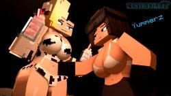 2girls almost_lesbian bandaid_on_face bed black_eyes black_gauntlets black_hair blonde_hair brown_hair centrifigual chain_collar collaboration cow_bikini female/female ginger honey_(theactualhoney) long_pants looking_each_other minecraft rivera_(centrifigual) seductive_look semi-lesbian smoothie tanned_female theactualhoney white_bikini white_top