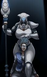 1boy 1boy1girl 1girls 4_fingers alien alien_girl between_thighs big_breasts blue_eyes body_armor boobplate breastplate breasts drooling duo femdom glowing_eyes height_difference helldivers helldivers_2 helmet holding_staff huge_breasts human human_male illuminate_(helldivers) malesub mind_control overseer_(helldivers) straight t2333_(little_sun) thick_thighs voteless_(helldivers) white_armor