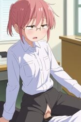 1boy 1boy1girl 1girls ai_generated blush brown_eyes clothed clothed_sex clothing cowgirl_position flanofart flat_chest glasses kobayashi kobayashi-san_chi_no_maidragon open_mouth pink_hair sex small_breasts tagme vagina vaginal_penetration vaginal_sex