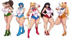 5girls abdomen ami_mizuno bishoujo_senshi_sailor_moon blonde_hair blue_hair blush bow brown_hair clothing huge_breasts jakuson_z large_breasts lipstick looking_at_viewer makoto_kino minako_aino multiple_girls muscular_legs navel panties pose rei_hino sailor_jupiter sailor_mars sailor_mercury sailor_moon sailor_venus skirt thick_thighs thighs uniform usagi_tsukino voluptuous white_background