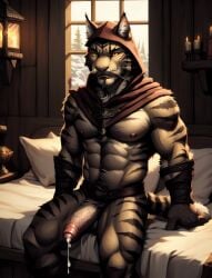 ai_generated anthro bed bethesda_softworks cloak cock cum cum_drip cum_dripping_from_penis cumming elder_scrolls fat_cock felid feline_humanoid foreskin furry huge_cock humanoid_penis j'zargo jzargo khajiit khajiit_male large_penis mage male male_only penis semi-erect semi_hard skyrim solo solo_male sorcerer spread_legs veiny_cock veiny_penis